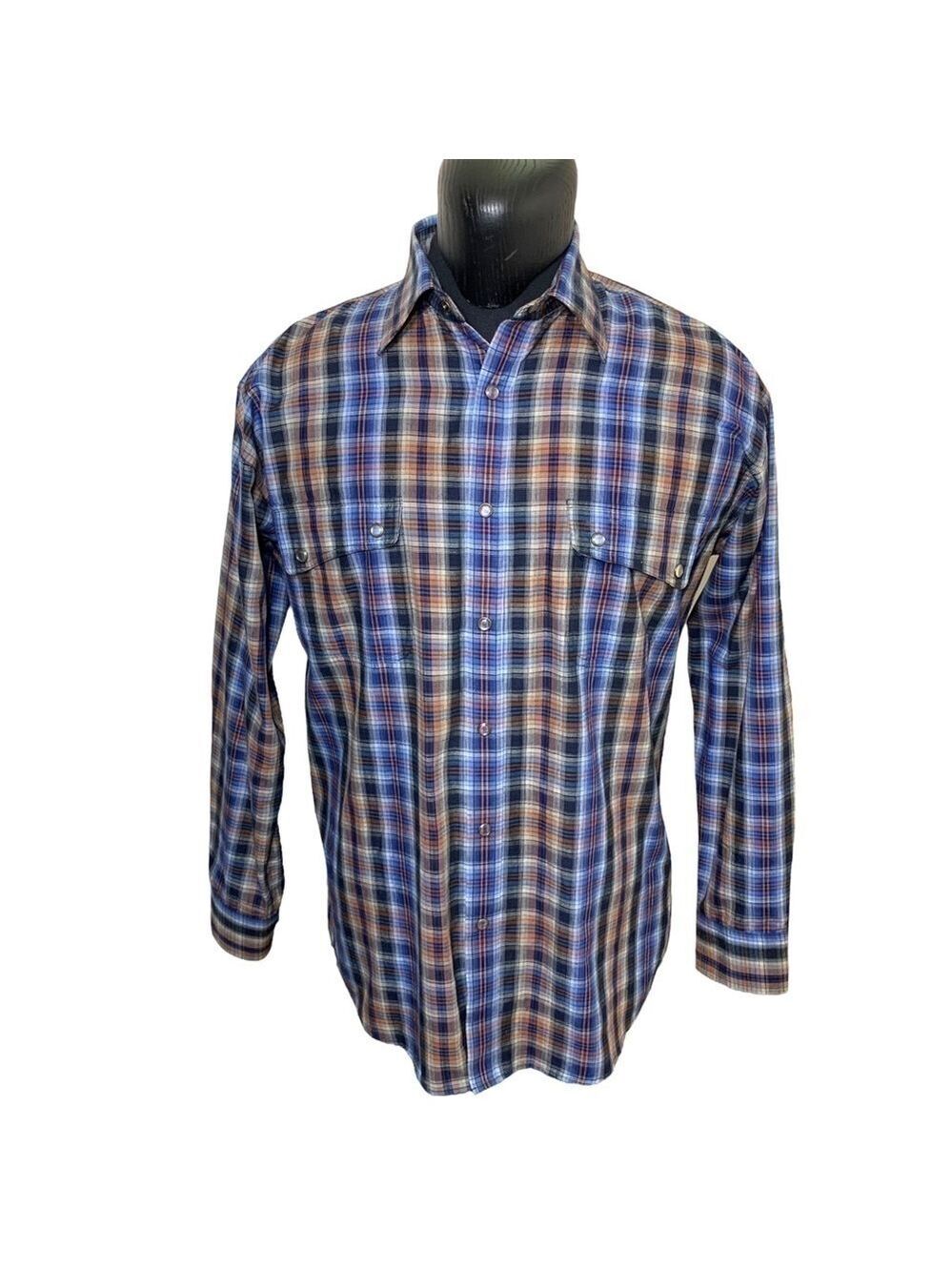 𝅺Leo Chevalier Design Western Plaid Button Up Shirt Clear Snap Sz M Blue Brown